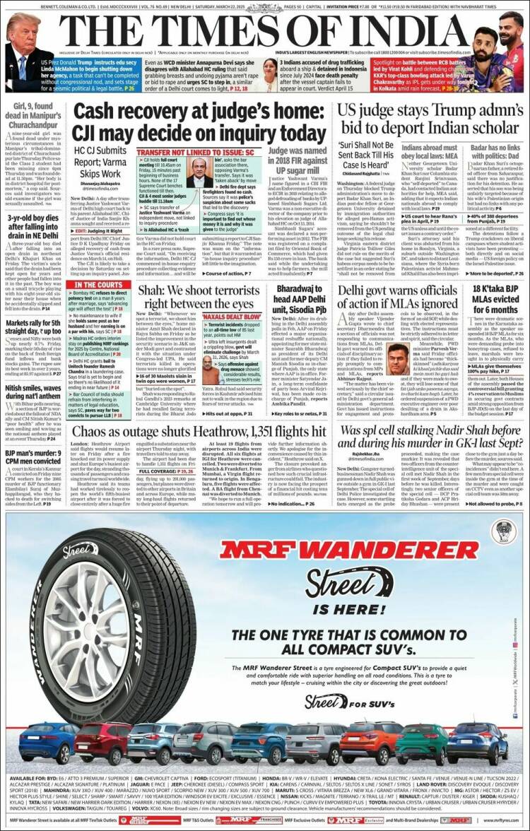 Portada de The Times of India (India)