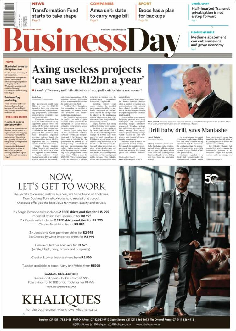 Portada de Business Day (Sud&aacute;frica)