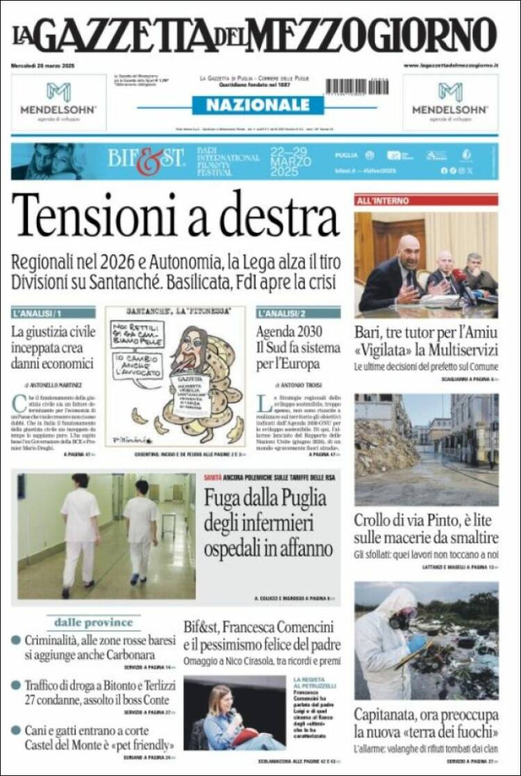 Portada de La Gazzetta del Mezzogiorno (Italia)