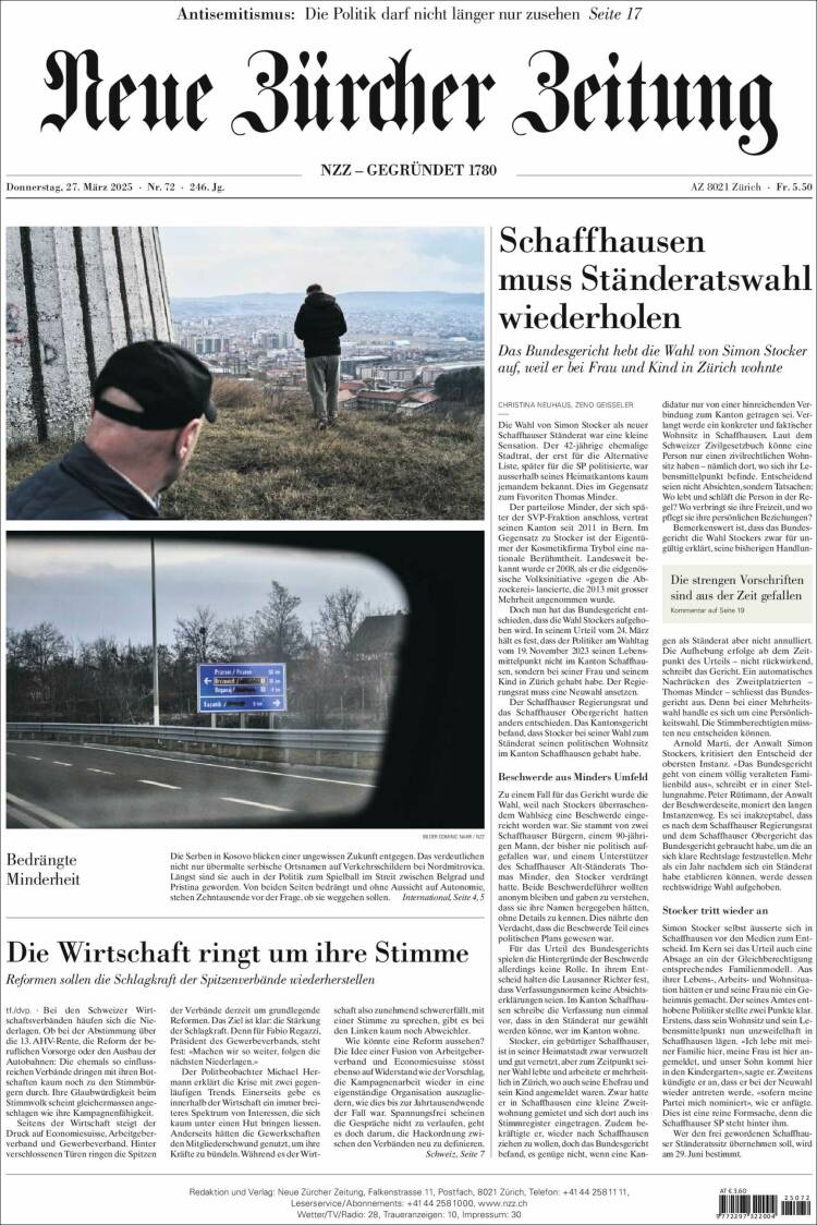 Portada de Neue Zürcher Zeitung (Suiza)