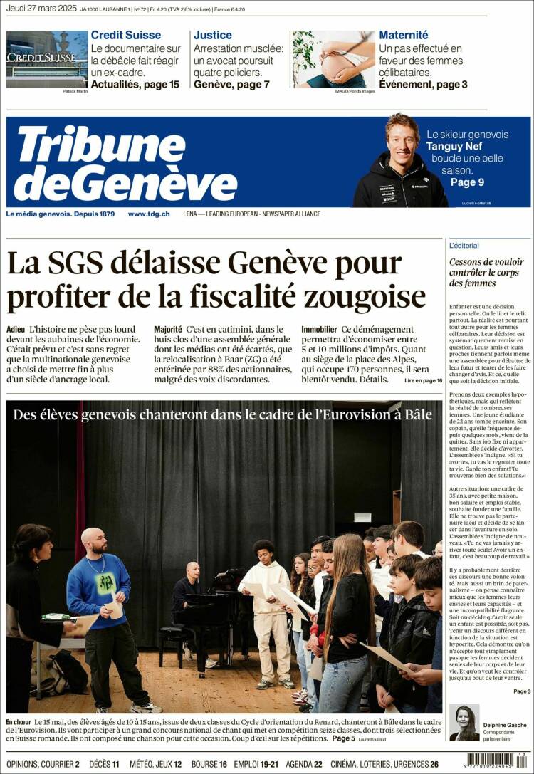 Portada de La Tribune de Genève (Suiza)