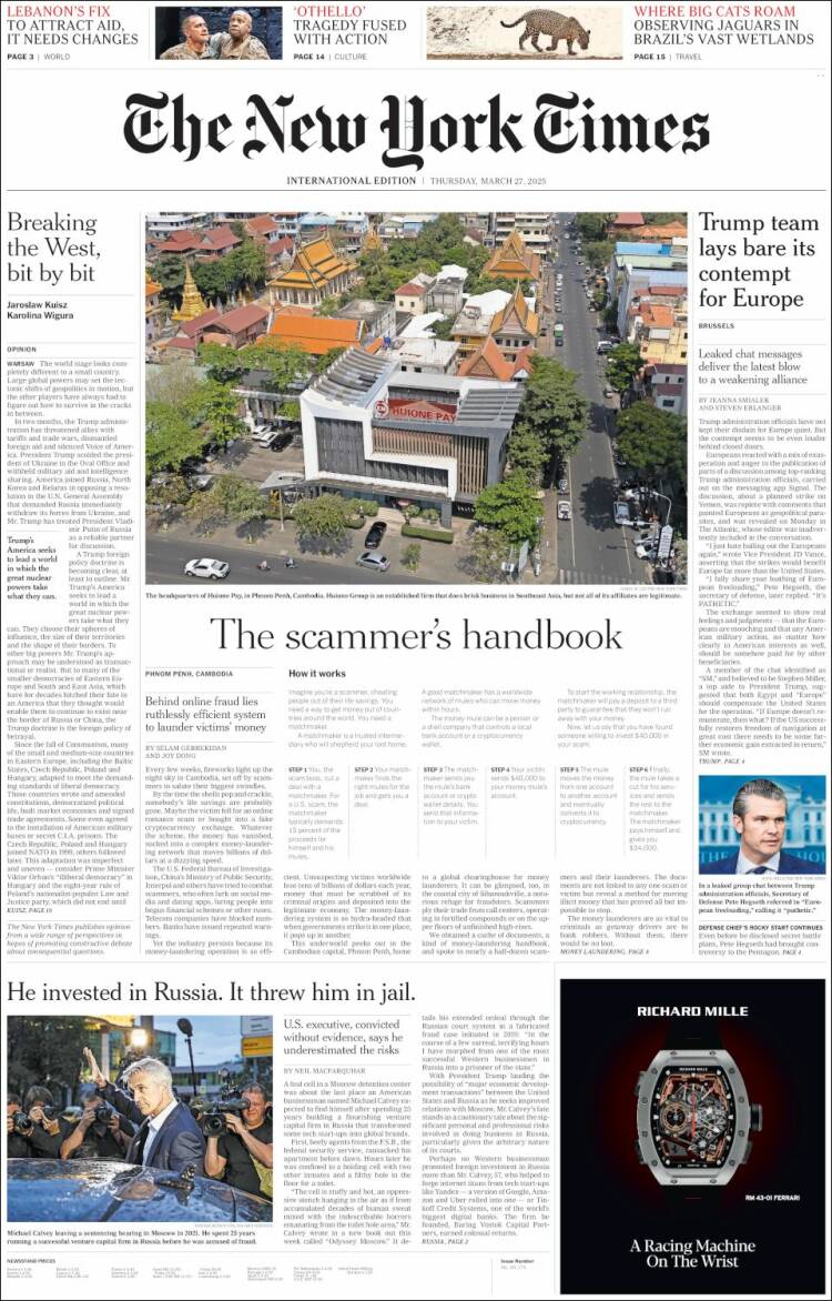 Portada de International New York Times (Europa)