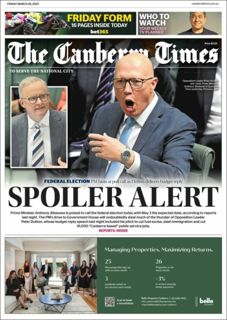 Portada de The Canberra Times (Australia)