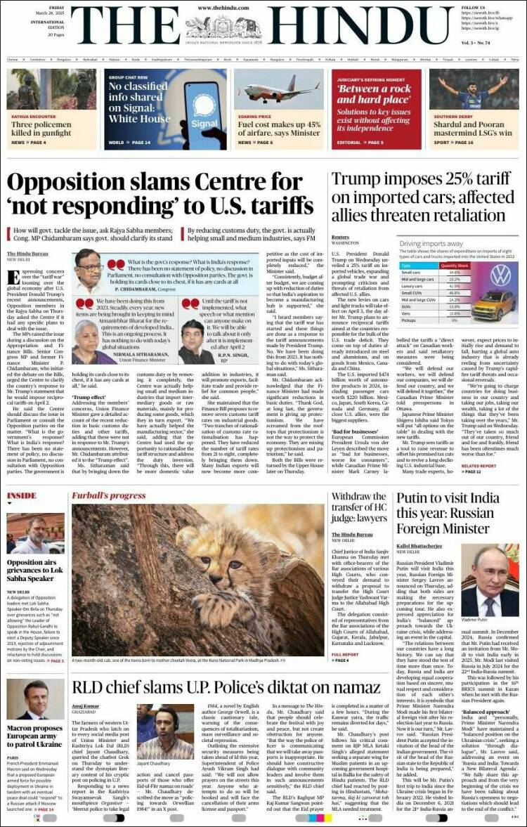 Portada de The Hindu (India)