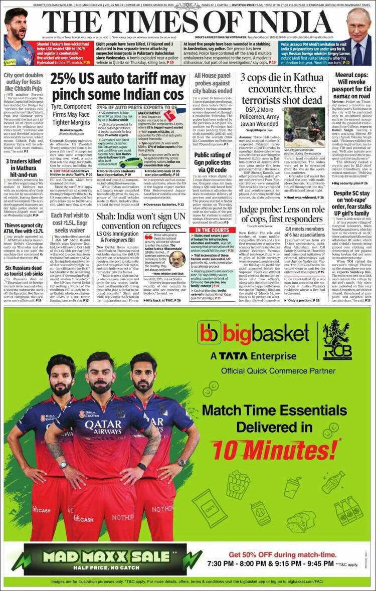 Portada de The Times of India (India)