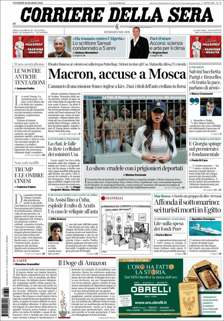Portada de Corriere della Sera (Italia)