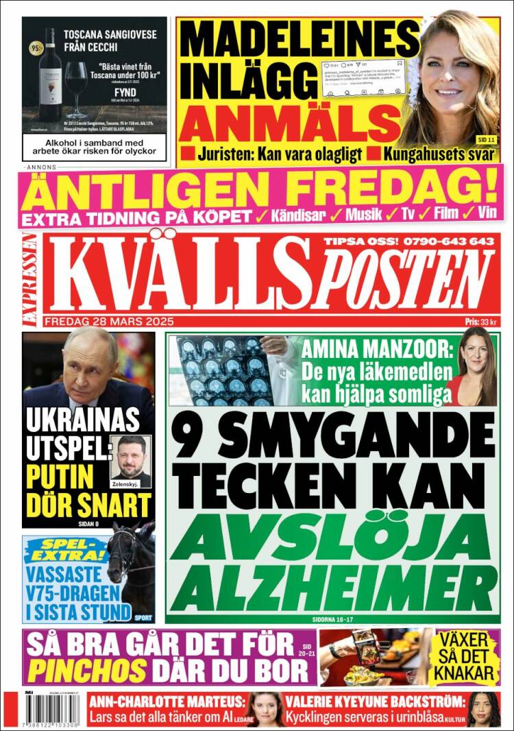 Portada de Kvällsposten (Suecia)