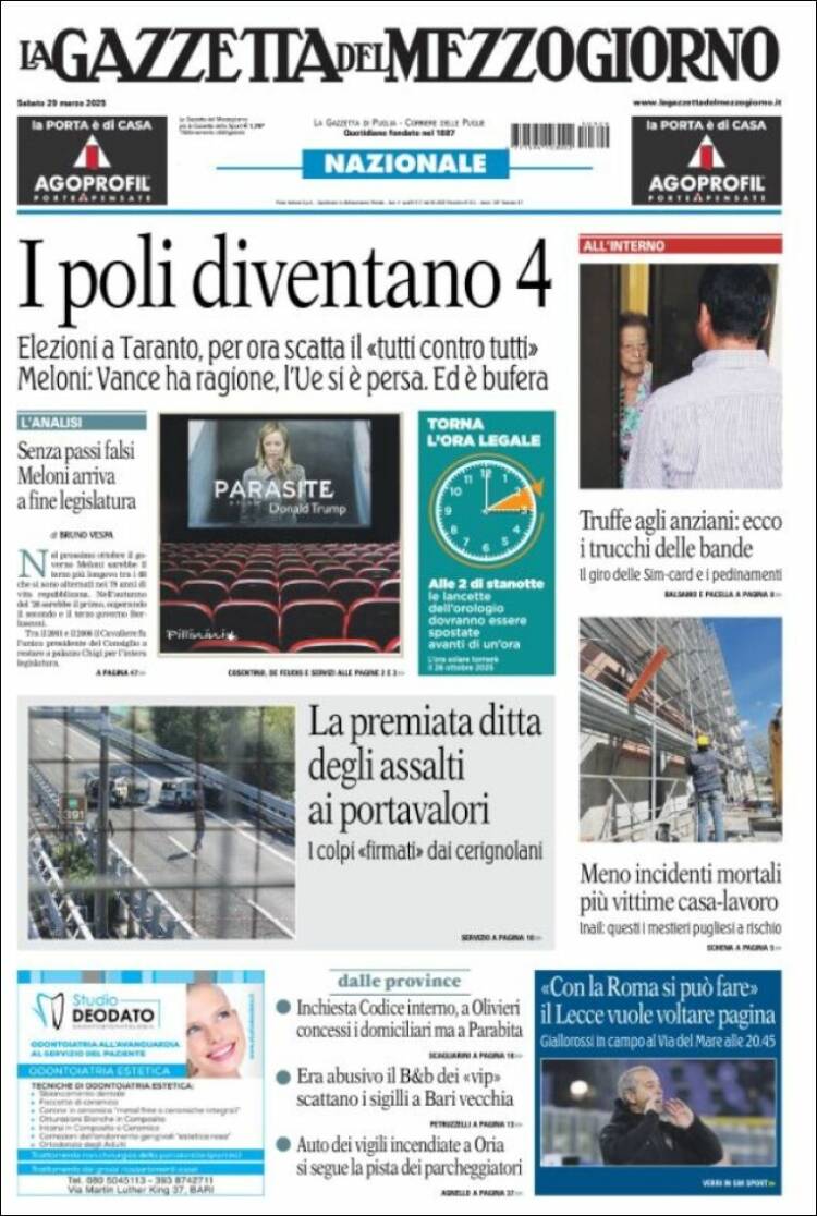 Portada de La Gazzetta del Mezzogiorno (Italia)