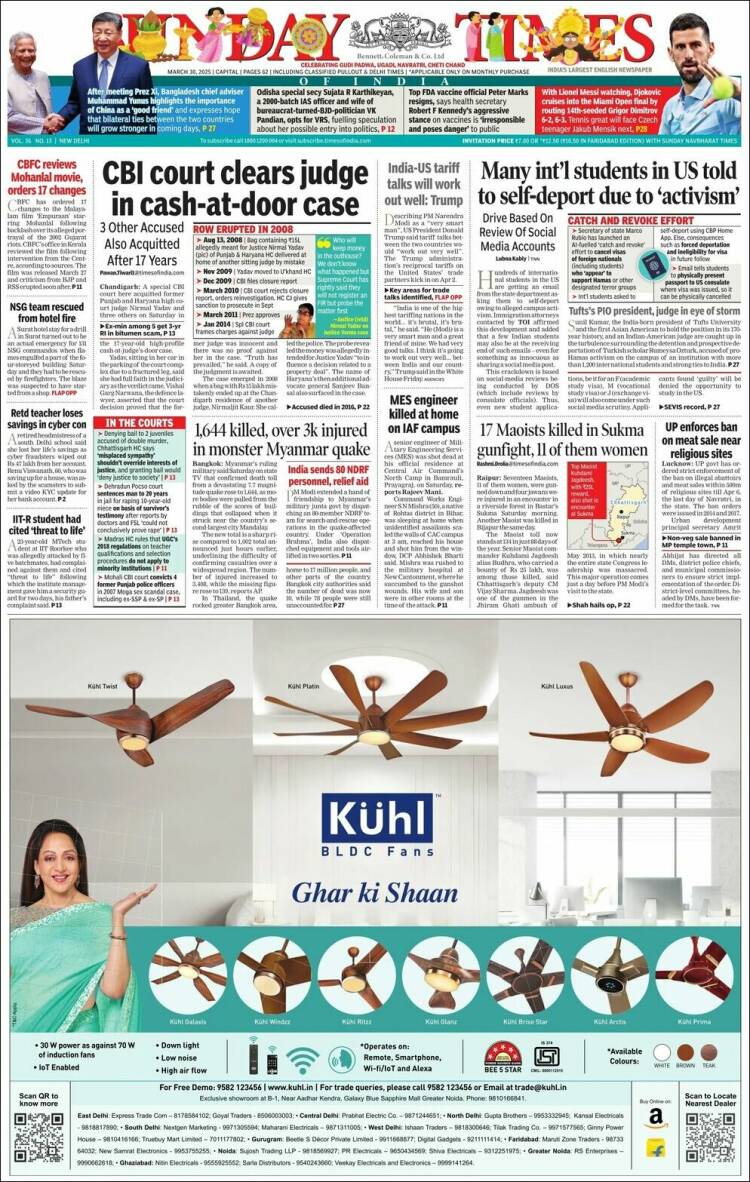 Portada de The Times of India (India)