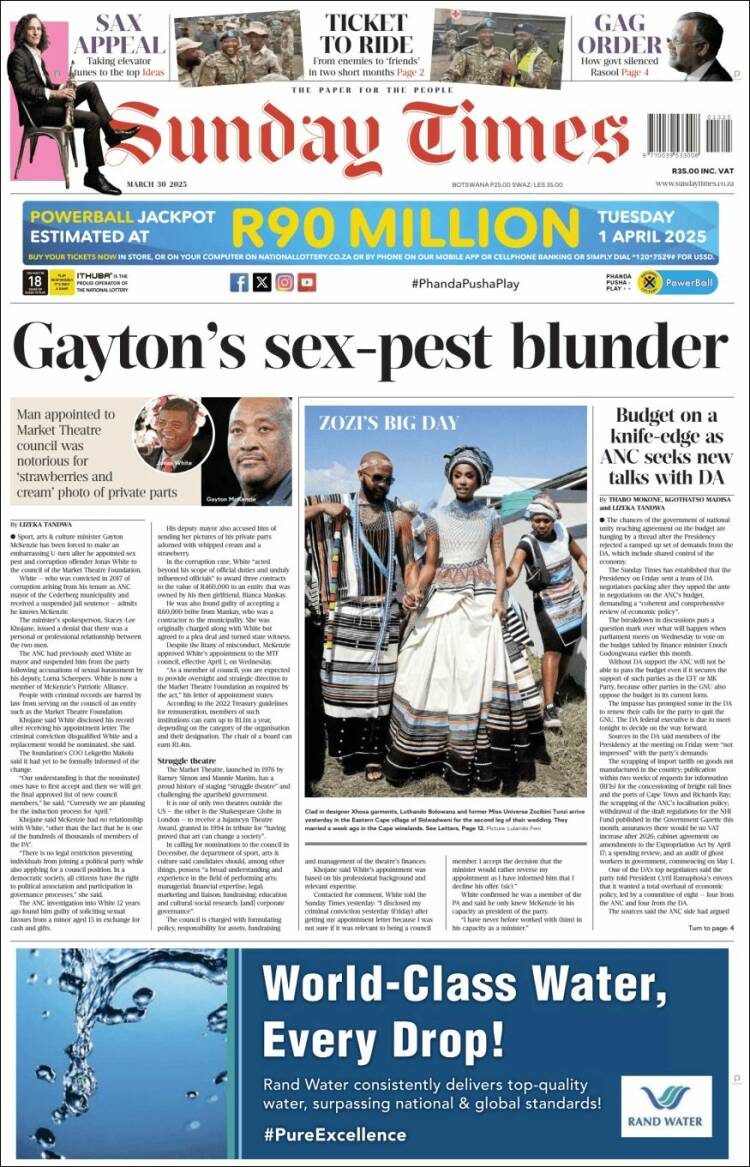 Portada de The Times (Sud&aacute;frica)