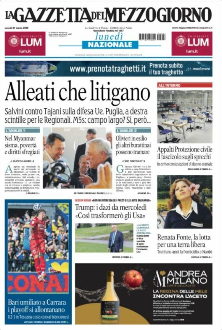 Portada de La Gazzetta del Mezzogiorno (Italia)
