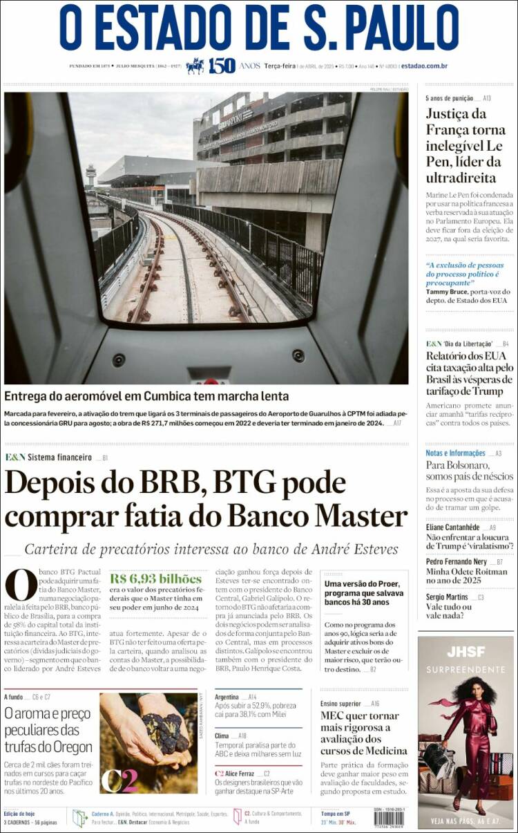 Portada de O Estado de São Paulo (Brasil)