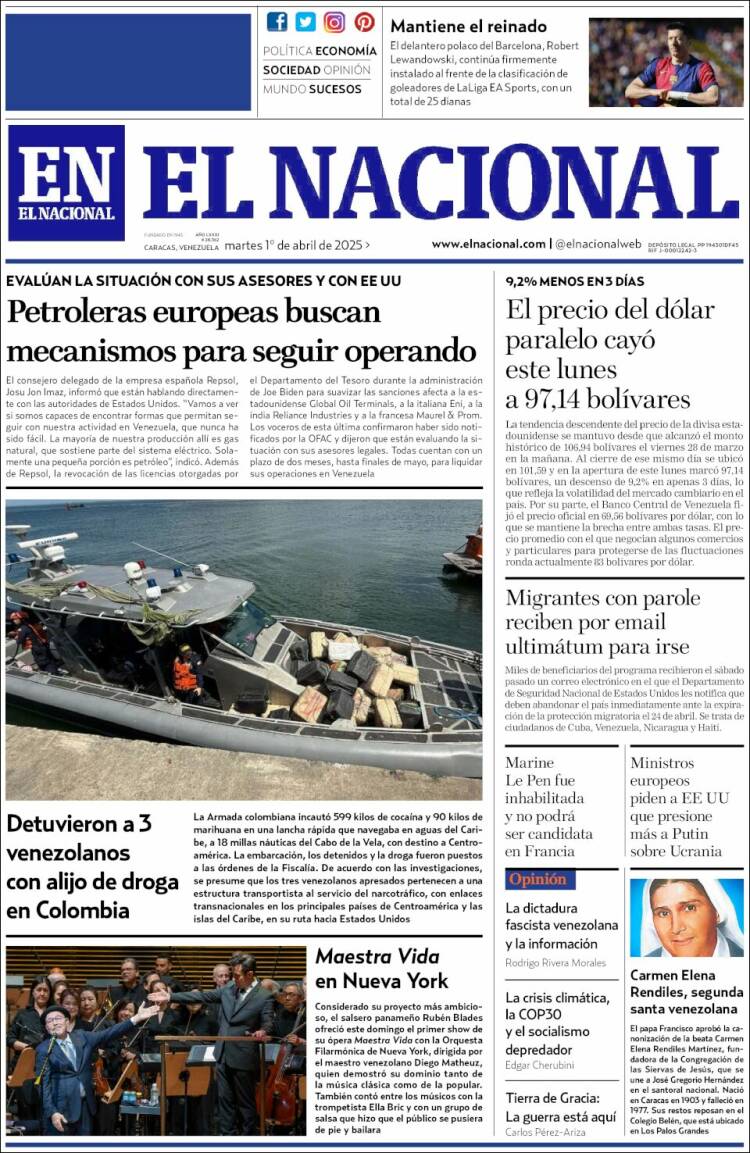 Portada de El Nacional (Venezuela)