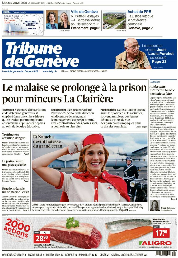 Portada de La Tribune de Genève (Suiza)