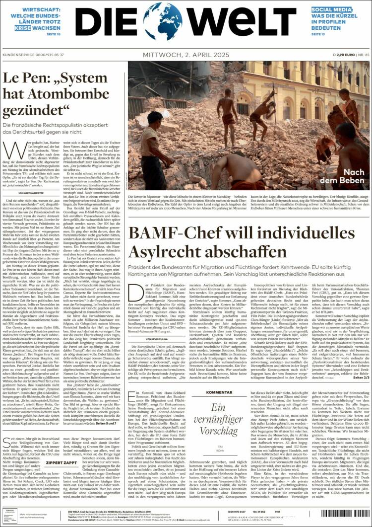 Portada de Die Welt (Alemania)
