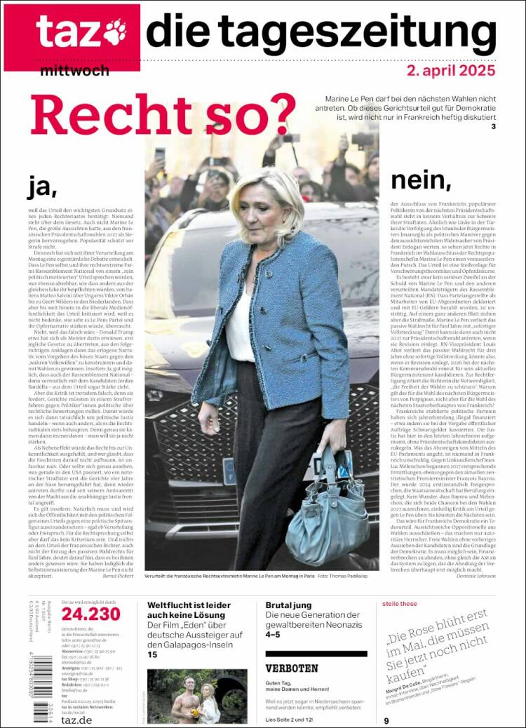 Portada de Die Tageszeitung (Alemania)