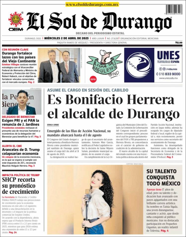 Portada de El Sol de Durango (México)