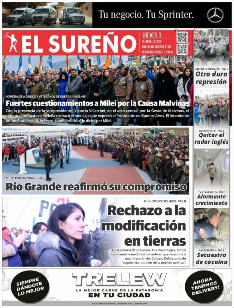 Portada de Diario El Sureño (Argentina)
