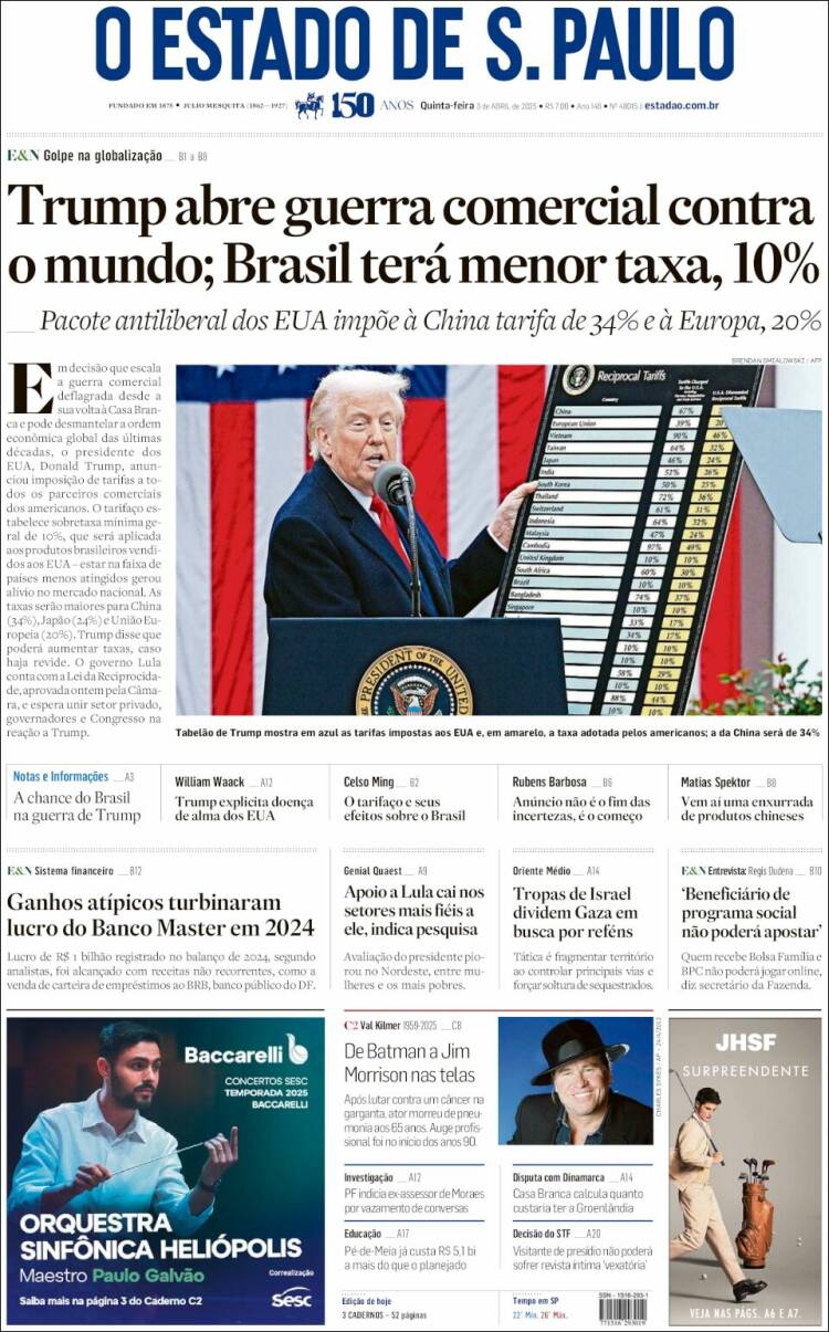 Portada de O Estado de São Paulo (Brasil)