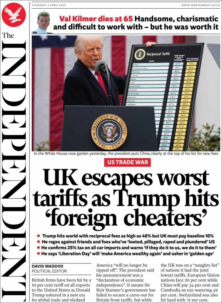 Portada de The Independent (Reino Unido)