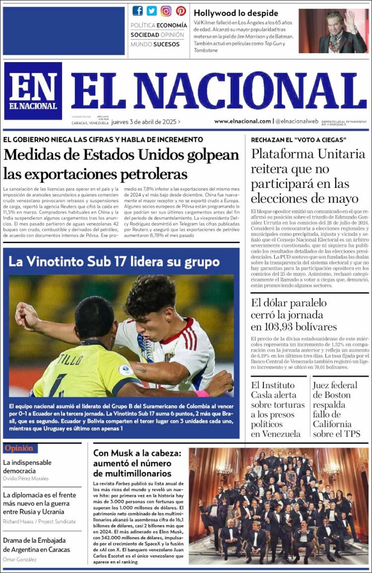 Portada de El Nacional (Venezuela)
