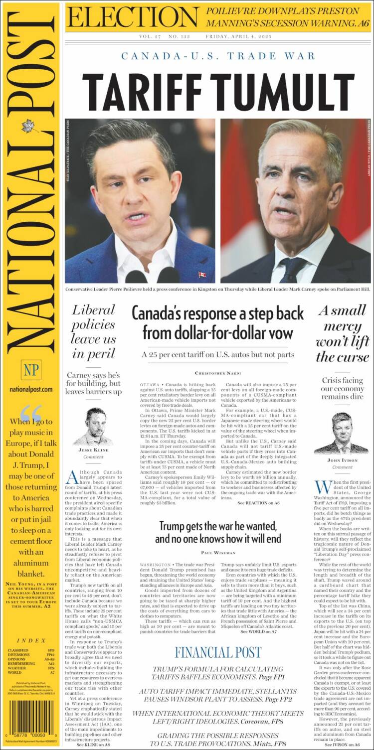 Portada de The National Post (Canadá)