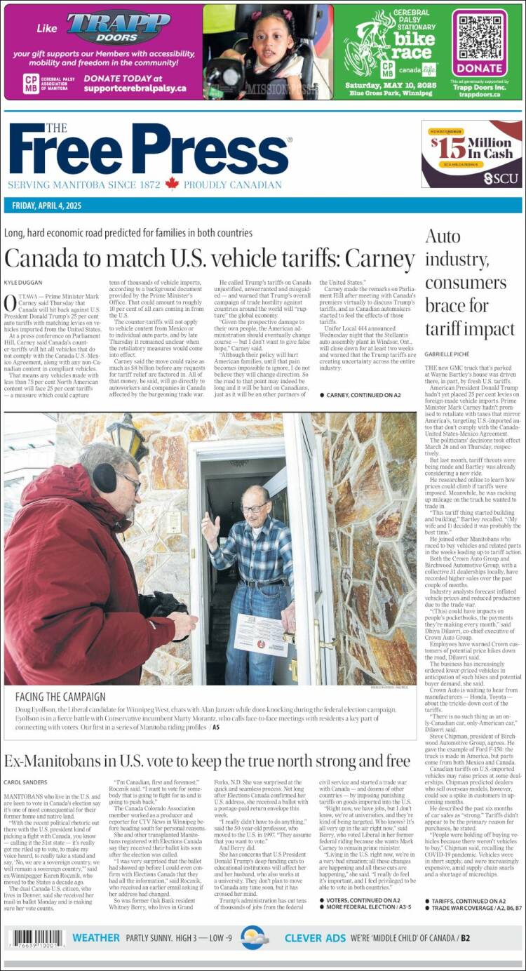 Portada de Winnipeg Free Press (Canadá)