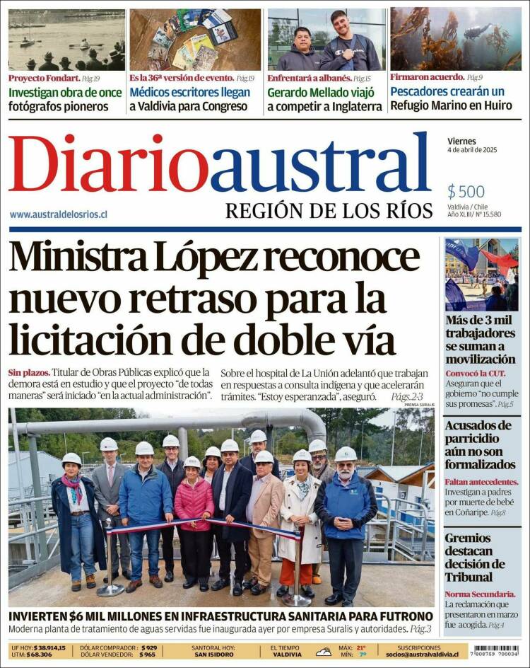 Portada de El Diario Austral de Valdivia (Chile)
