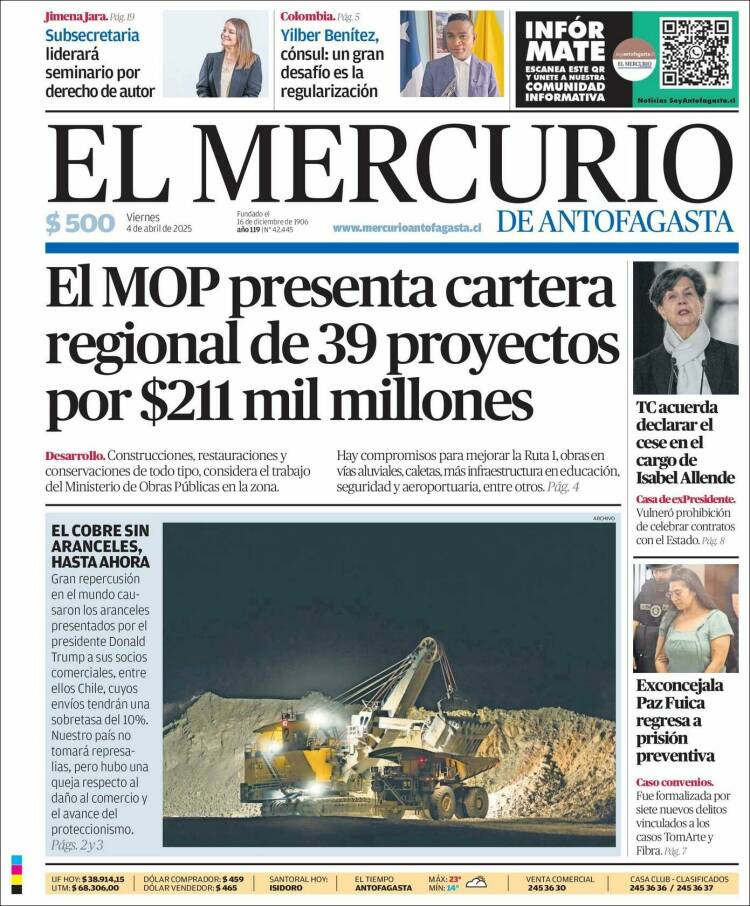 Portada de El Mercurio de Antofagasta (Chile)