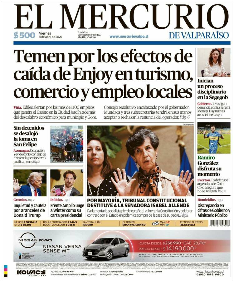 Portada de Mercurio de Valparaiso (Chile)