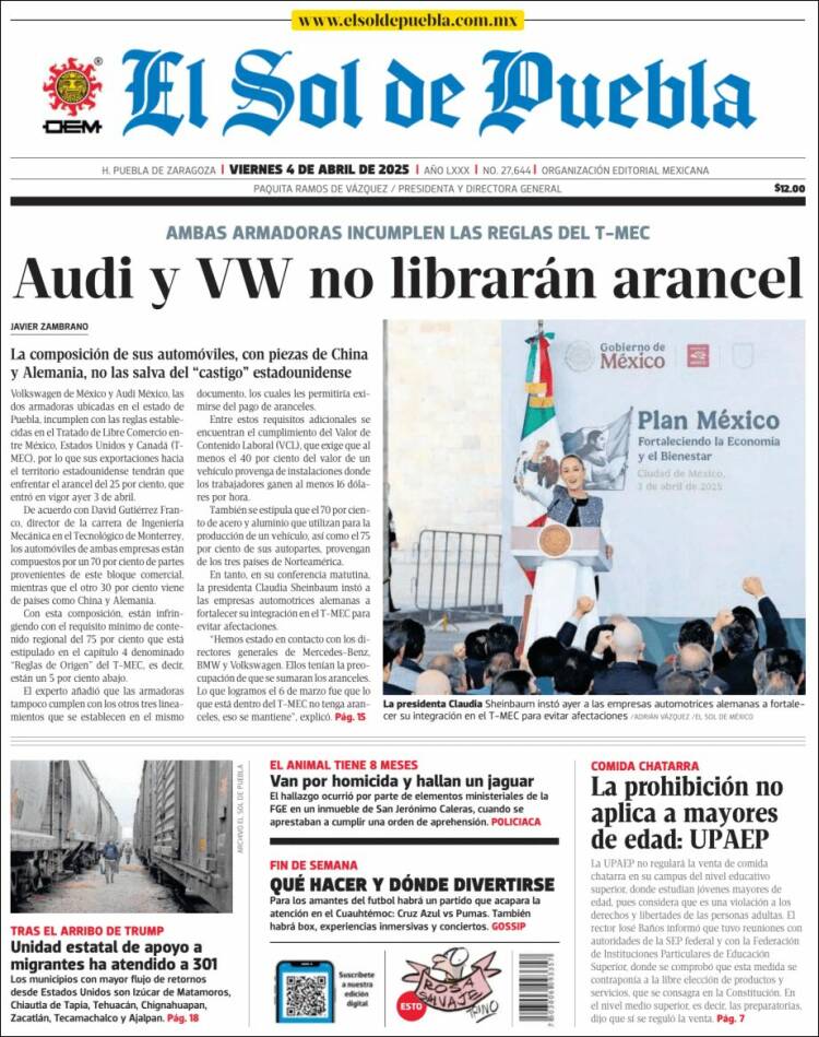 Portada de El Sol de Puebla (México)