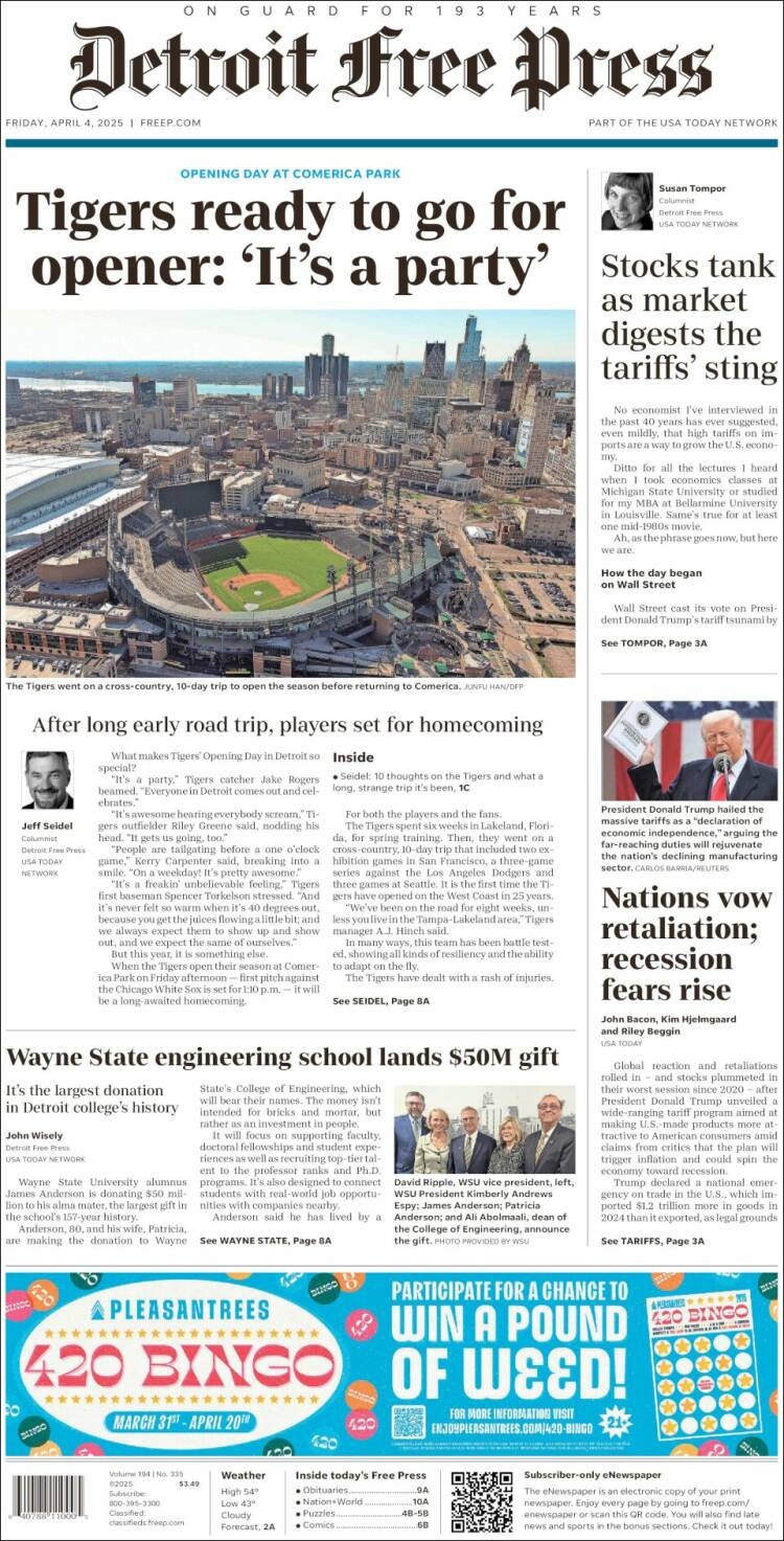 Portada de Detroit Free Press (USA)