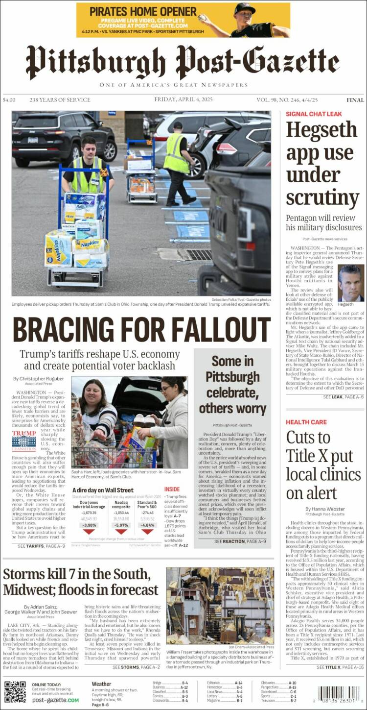 Portada de Pittsburgh Post-Gazette (USA)