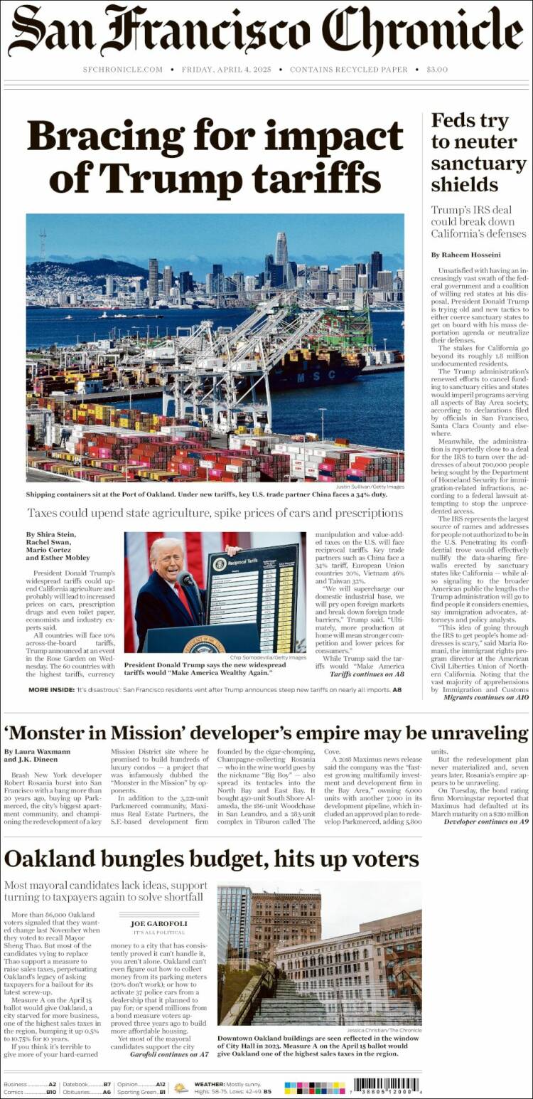 Portada de San Francisco Chronicle (USA)