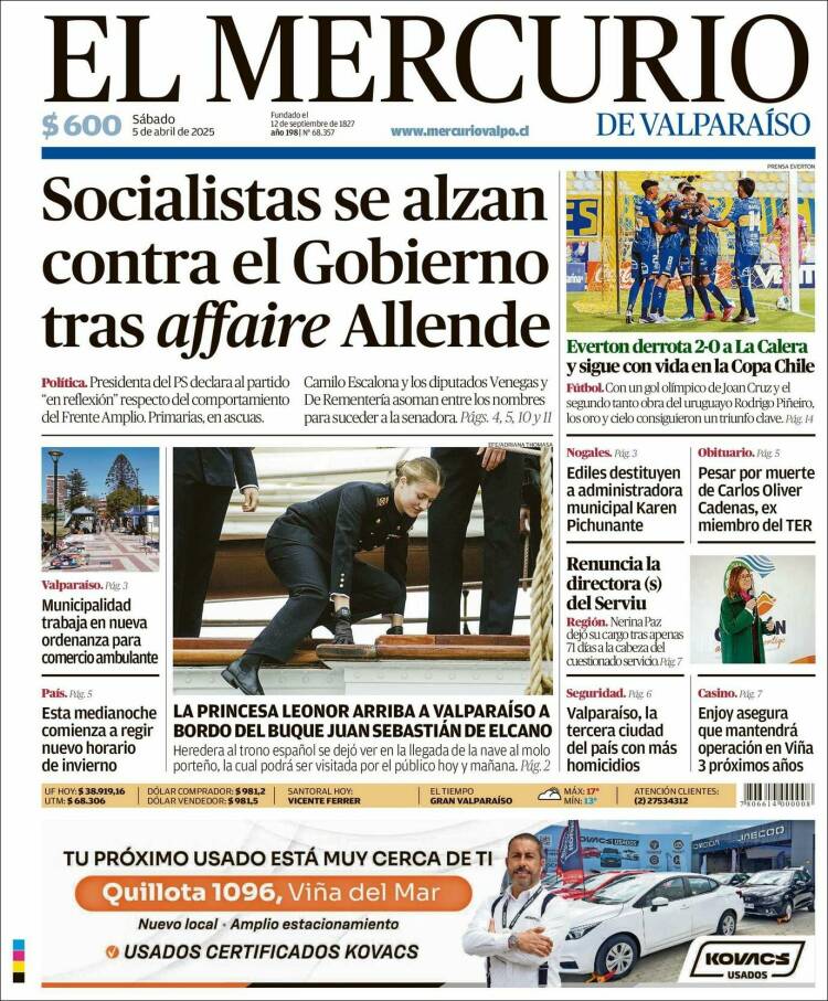 Portada de Mercurio de Valparaiso (Chile)