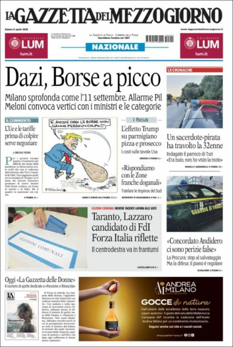 Portada de La Gazzetta del Mezzogiorno (Italia)