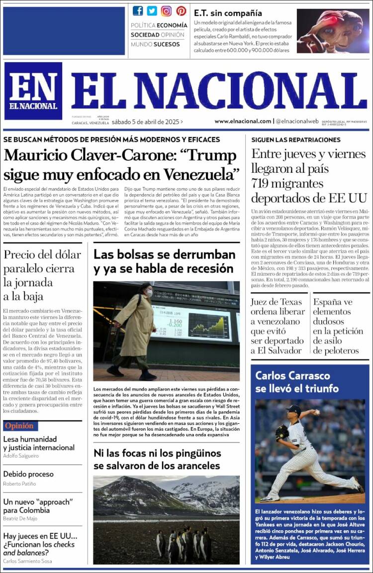Portada de El Nacional (Venezuela)