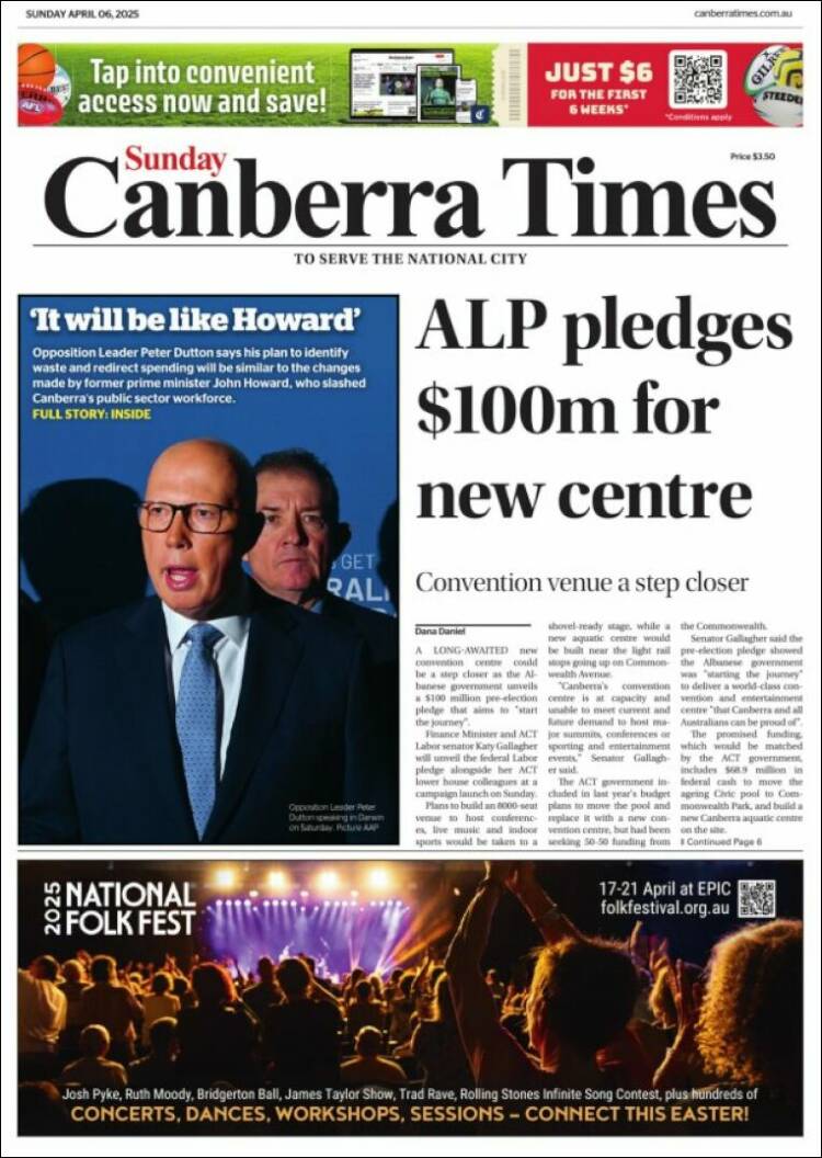 Portada de The Canberra Times (Australia)
