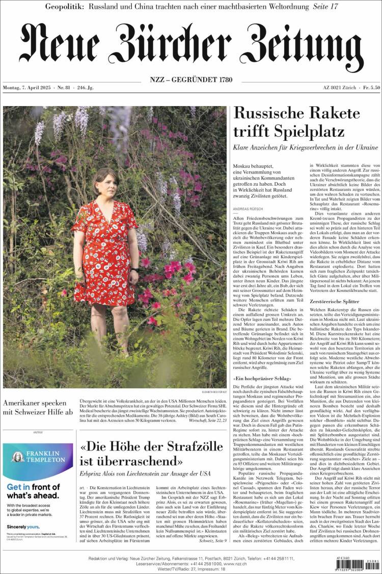 Portada de Neue Zürcher Zeitung (Suiza)