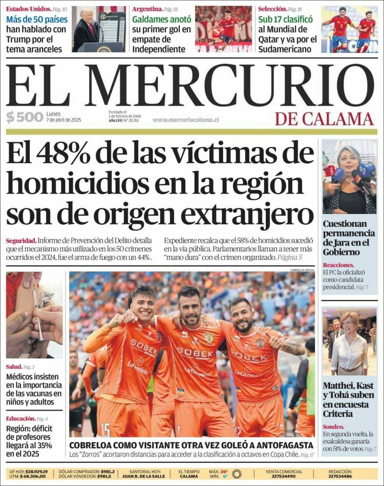 Portada de El Mercurio - Calama (Chile)