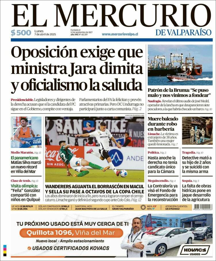 Portada de Mercurio de Valparaiso (Chile)