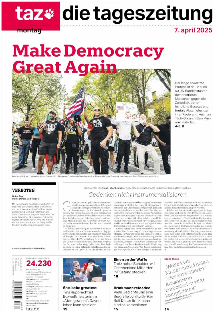 Portada de Die Tageszeitung (Alemania)