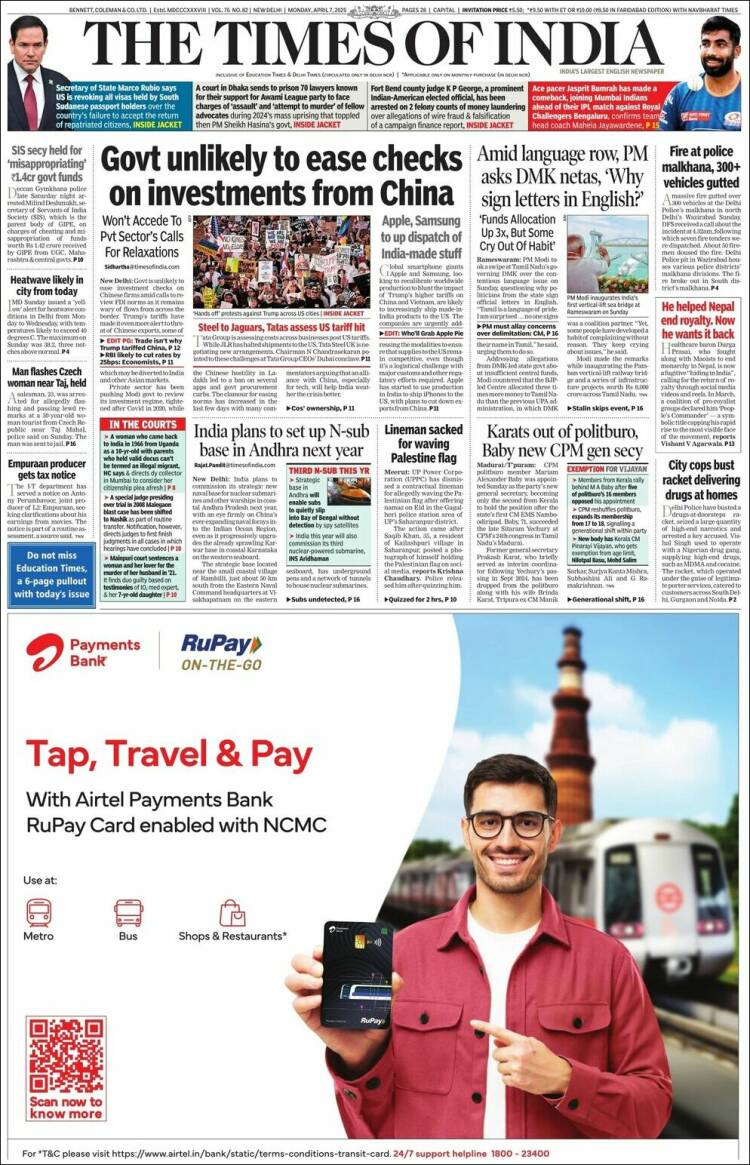 Portada de The Times of India (India)