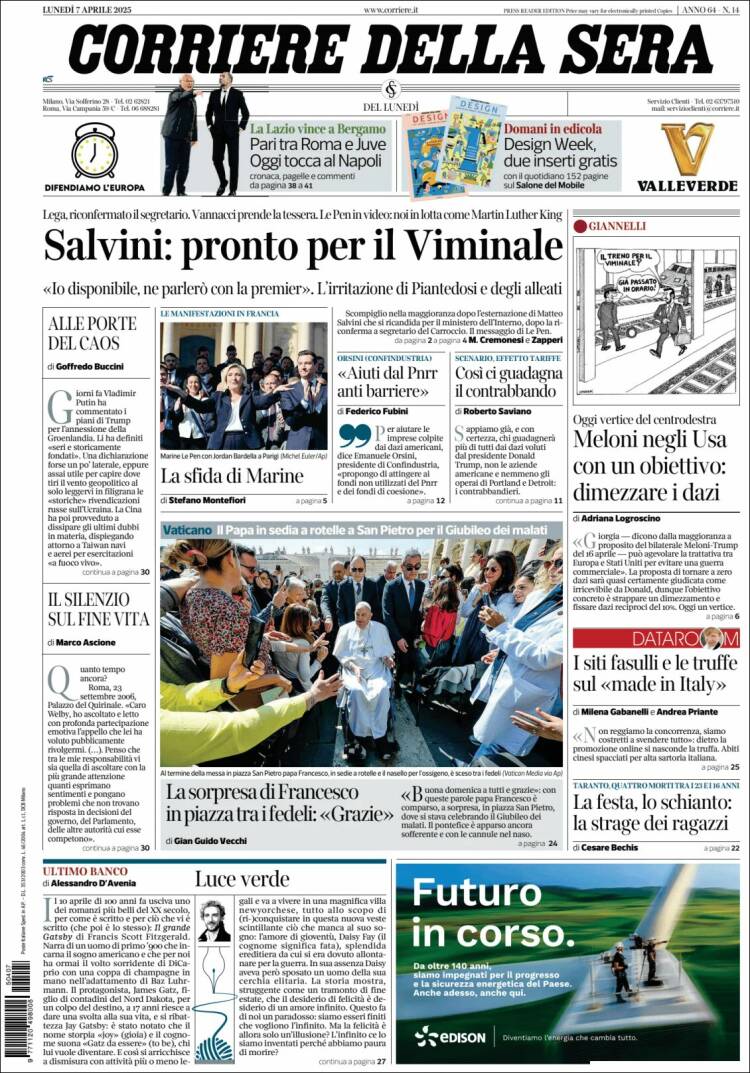 Portada de Corriere della Sera (Italia)
