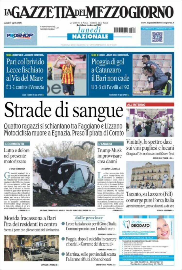 Portada de La Gazzetta del Mezzogiorno (Italia)