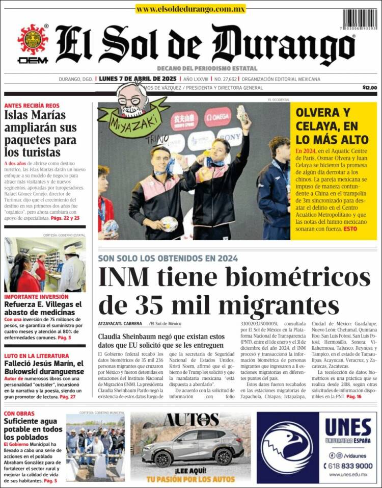 Portada de El Sol de Durango (México)