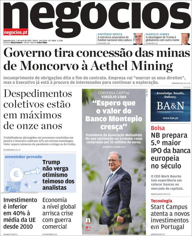 Portada de Jornal de Negócios (Portugal)