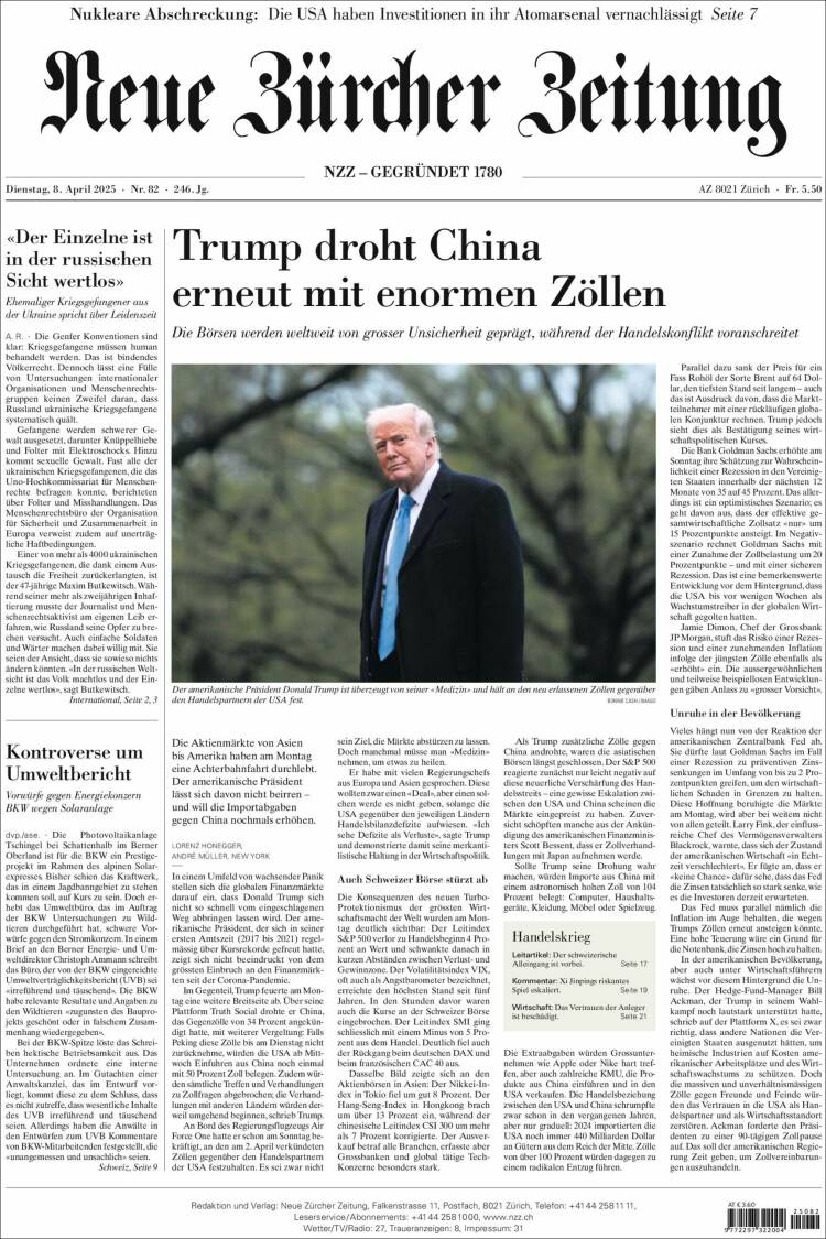 Portada de Neue Zürcher Zeitung (Suiza)