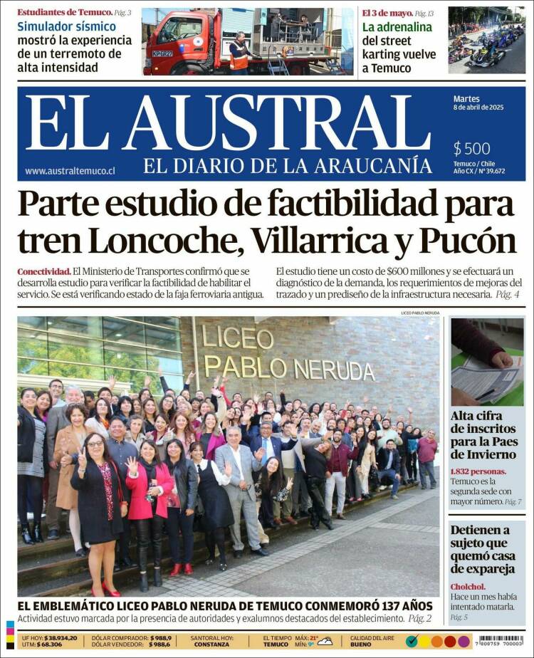 Portada de El Austral de Temuco (Chile)
