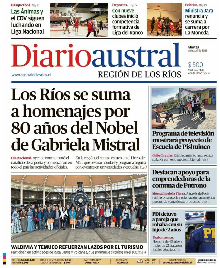 Portada de El Diario Austral de Valdivia (Chile)